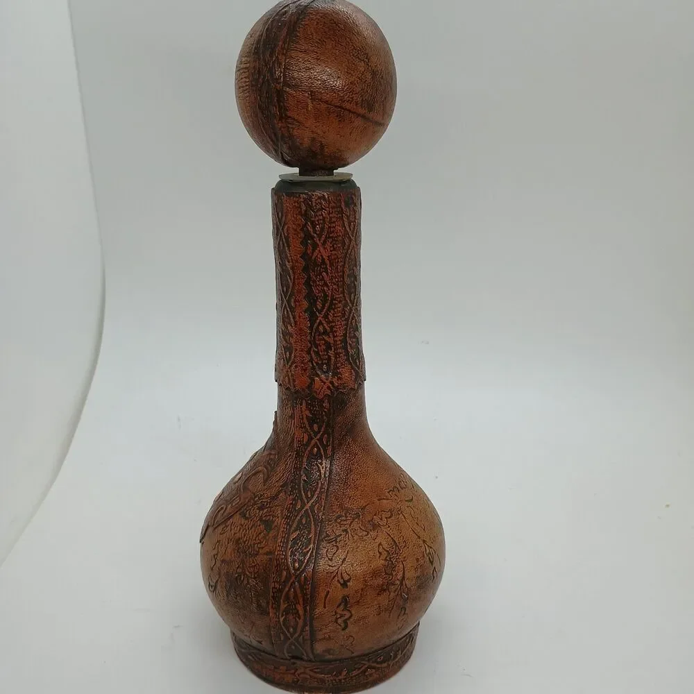 Vintage Italian Brown Leather Covered Decanter w/ Stopper Mid Century EMPTY